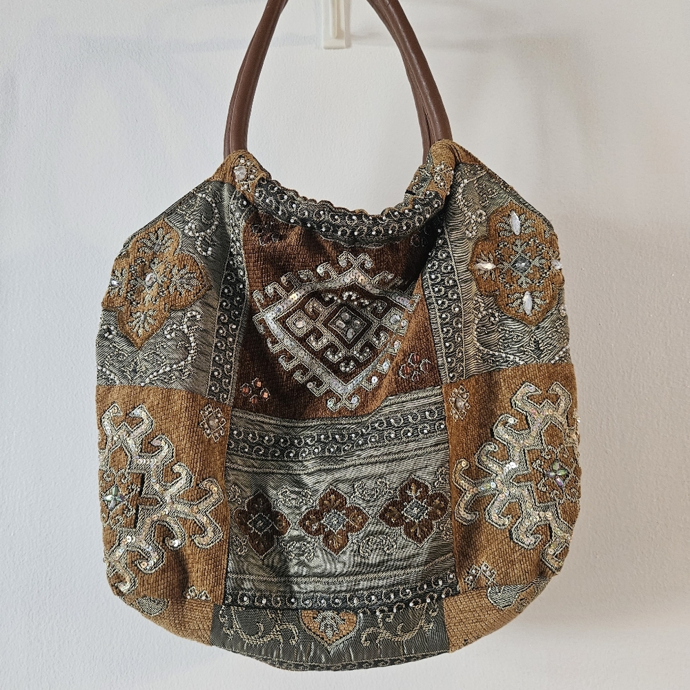 Patchwork Sequined Tote Bag With Faux Leather Straps- Brown and Silver